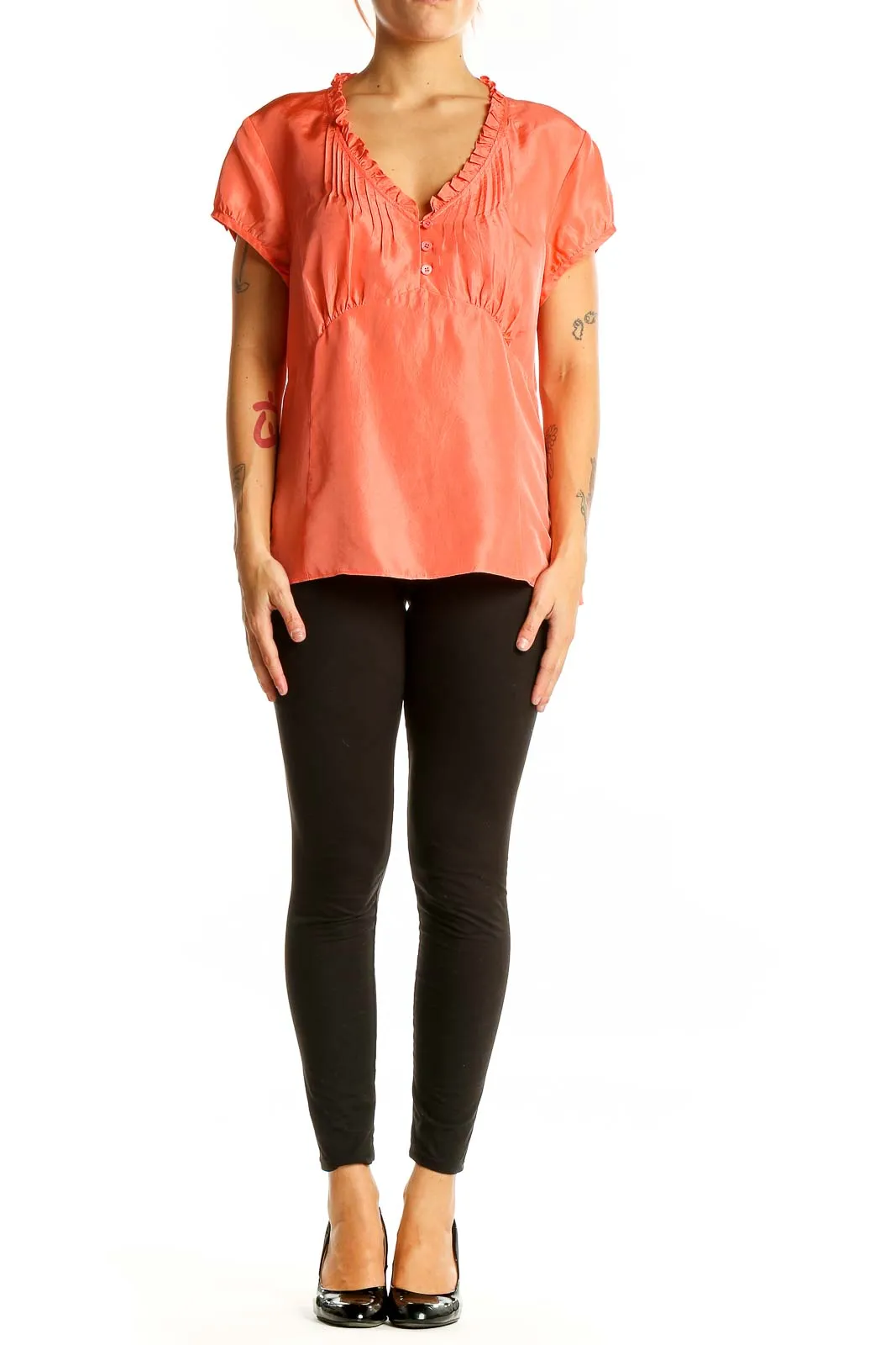 Coral Silk Ruffle-Neck Blouse