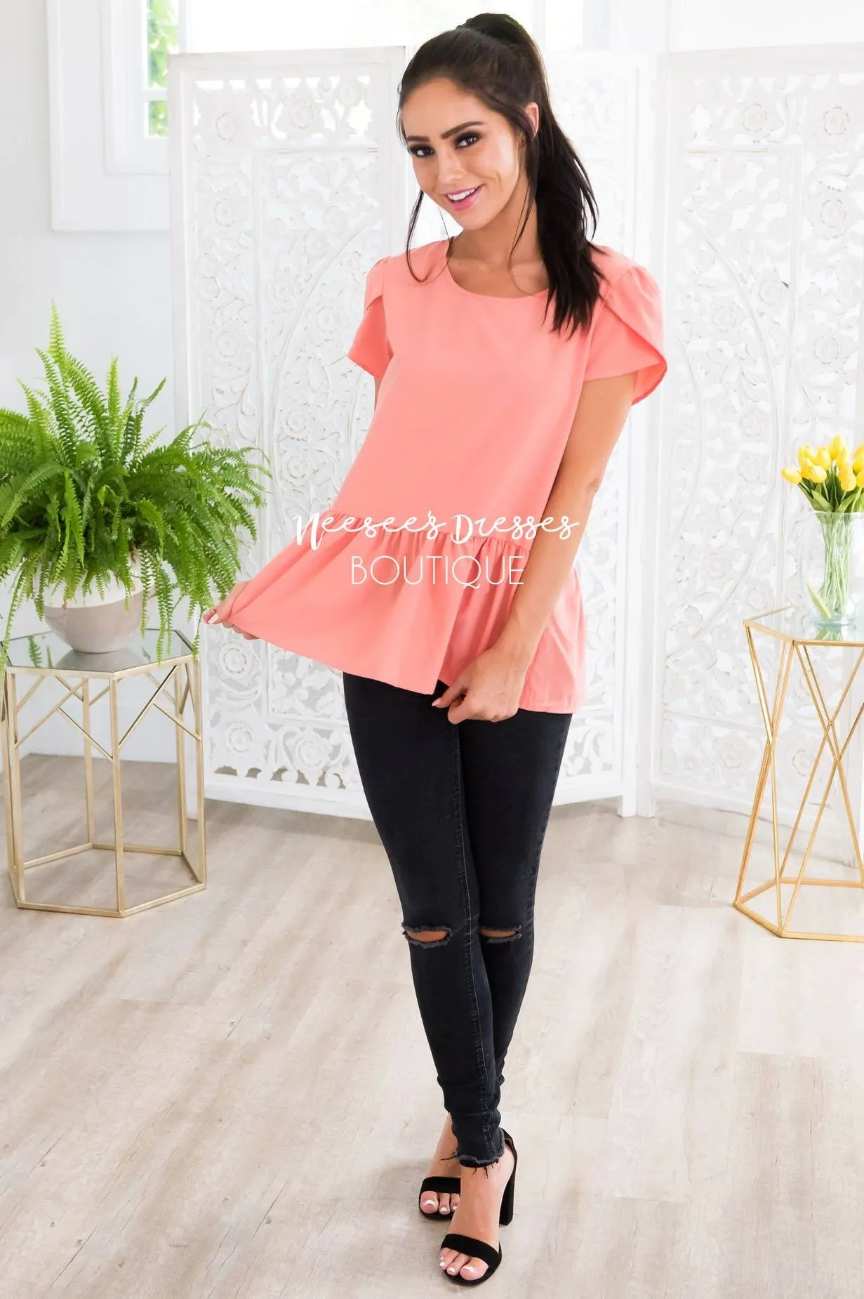 Coral Tulip Sleeve Peplum Top