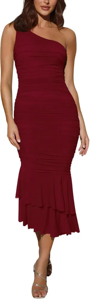 Cosonsen Women's One Shoulder Ruched Bodycon Dress Mermaid Cocktail Wedding Party Dresses
