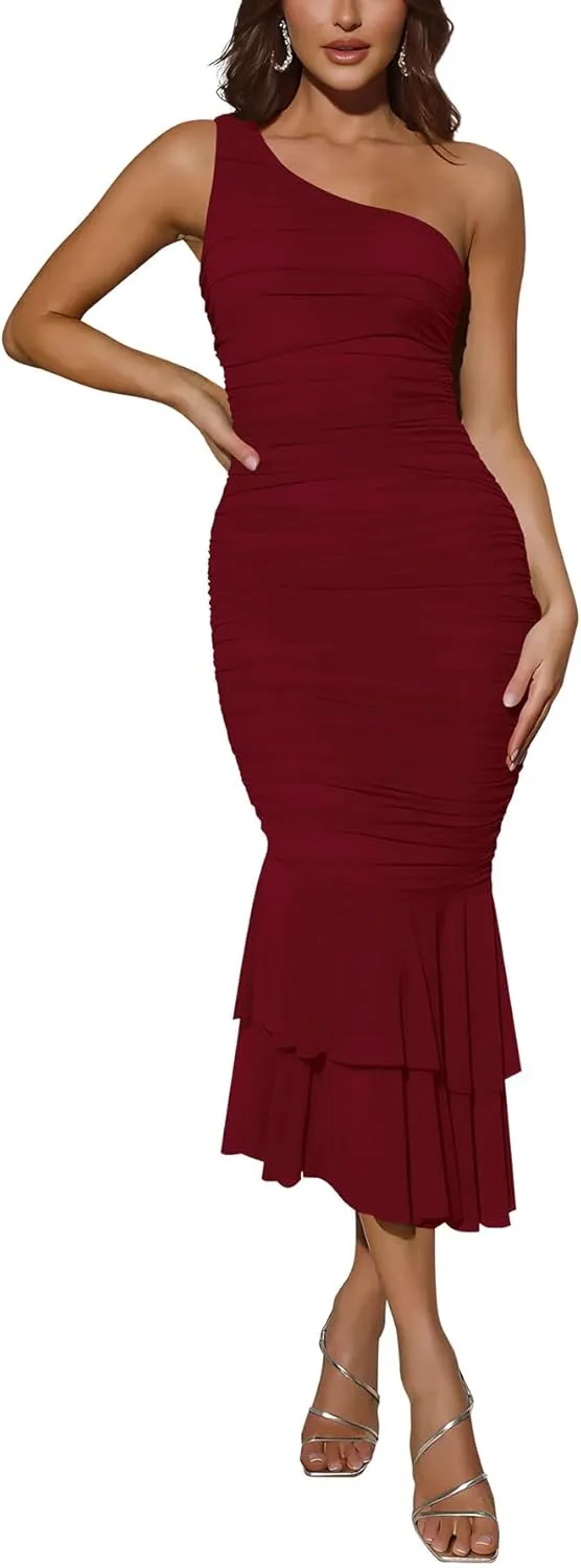 Cosonsen Women's One Shoulder Ruched Bodycon Dress Mermaid Cocktail Wedding Party Dresses