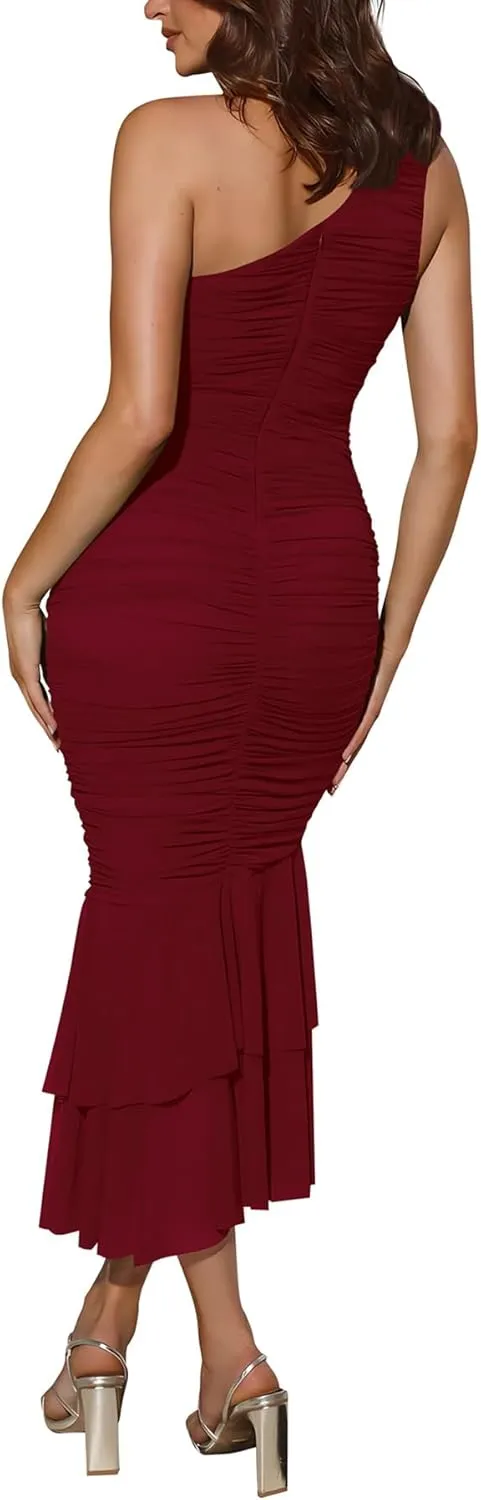Cosonsen Women's One Shoulder Ruched Bodycon Dress Mermaid Cocktail Wedding Party Dresses