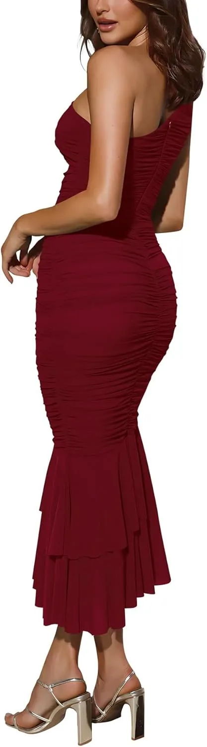 Cosonsen Women's One Shoulder Ruched Bodycon Dress Mermaid Cocktail Wedding Party Dresses