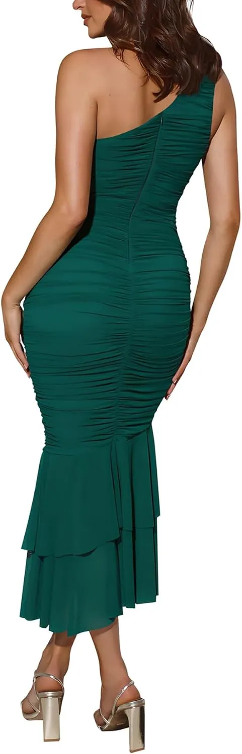 Cosonsen Women's One Shoulder Ruched Bodycon Dress Mermaid Cocktail Wedding Party Dresses