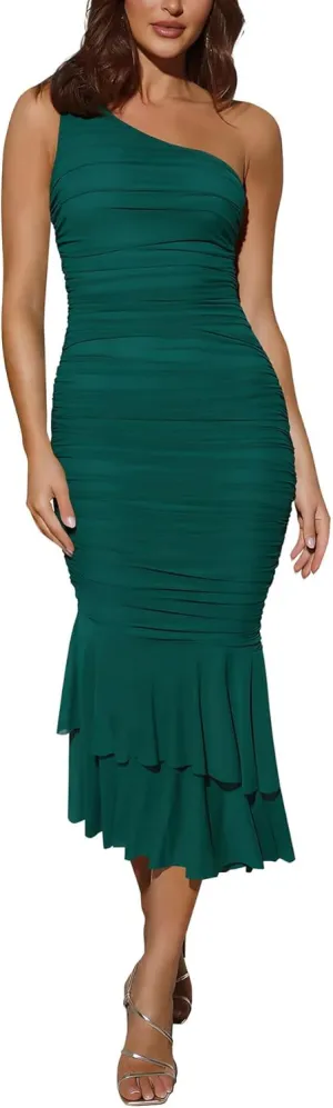 Cosonsen Women's One Shoulder Ruched Bodycon Dress Mermaid Cocktail Wedding Party Dresses