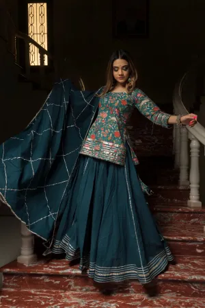 Cotton Blue Block Print Kurta Skirt Set with Dupatta