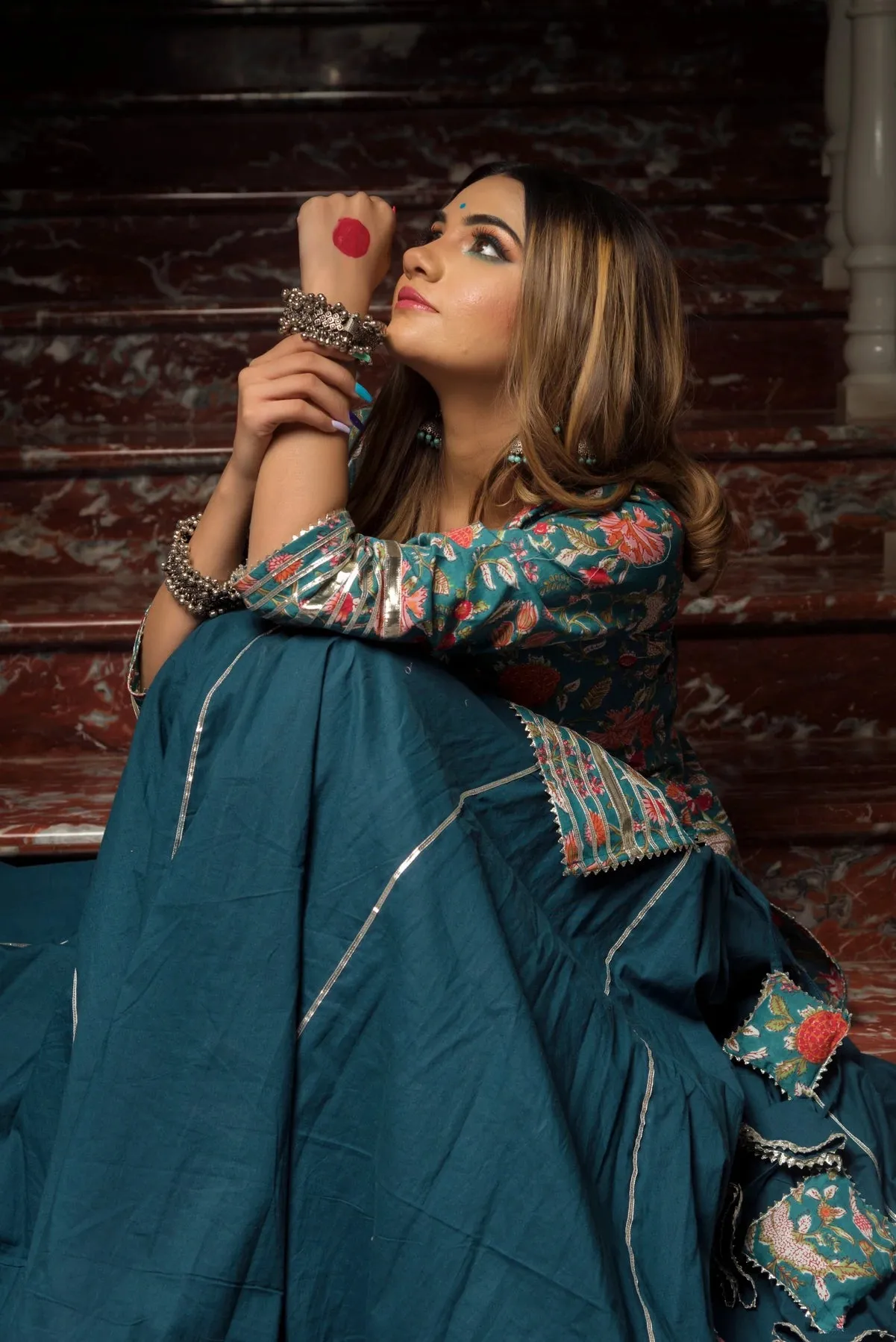 Cotton Blue Block Print Kurta Skirt Set with Dupatta
