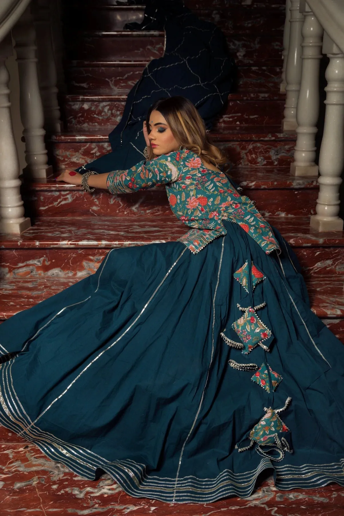 Cotton Blue Block Print Kurta Skirt Set with Dupatta