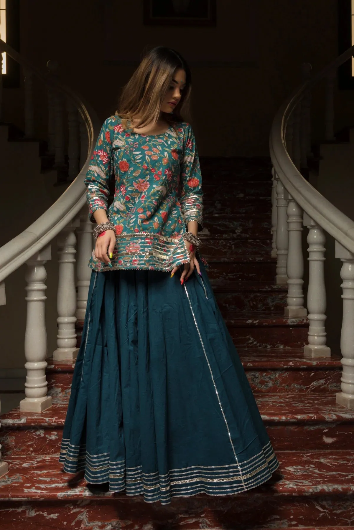 Cotton Blue Block Print Kurta Skirt Set with Dupatta