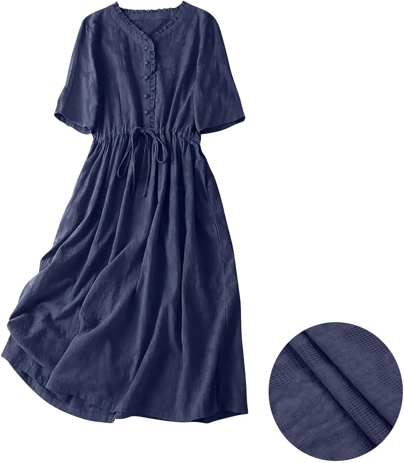 Cotton Dresses for Women 2025 Casual Short Sleeve Linen Dresses Summer Button Down Midi Dress Drawstring Beach Dress