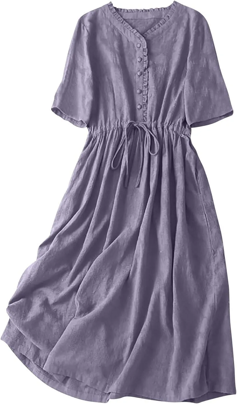 Cotton Dresses for Women 2025 Casual Short Sleeve Linen Dresses Summer Button Down Midi Dress Drawstring Beach Dress