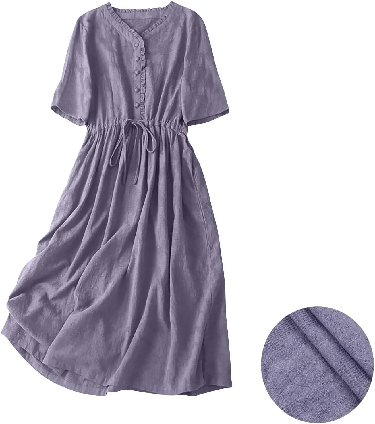 Cotton Dresses for Women 2025 Casual Short Sleeve Linen Dresses Summer Button Down Midi Dress Drawstring Beach Dress