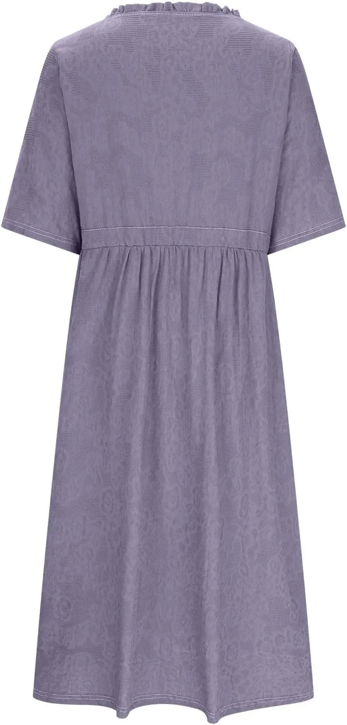 Cotton Dresses for Women 2025 Casual Short Sleeve Linen Dresses Summer Button Down Midi Dress Drawstring Beach Dress