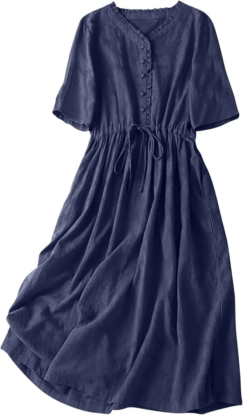 Cotton Dresses for Women 2025 Casual Short Sleeve Linen Dresses Summer Button Down Midi Dress Drawstring Beach Dress