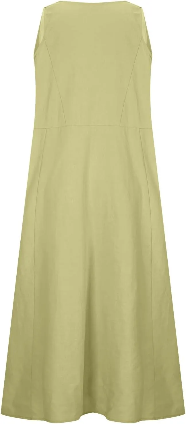 Cotton Linen Dress for Women 2025 Plus Size Sleeveless Summer Maxi Dresses Casual Elegante Floral Sundress with Pockets