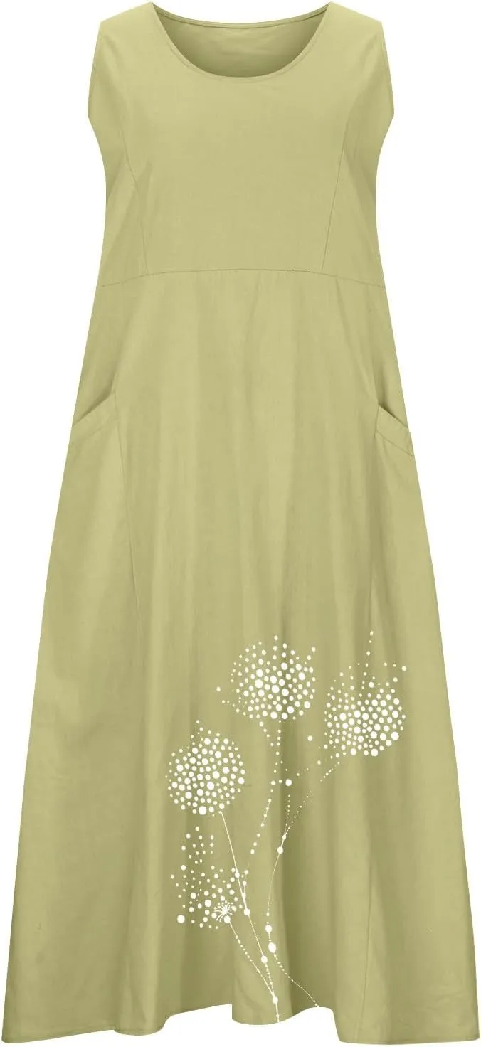 Cotton Linen Dress for Women 2025 Plus Size Sleeveless Summer Maxi Dresses Casual Elegante Floral Sundress with Pockets
