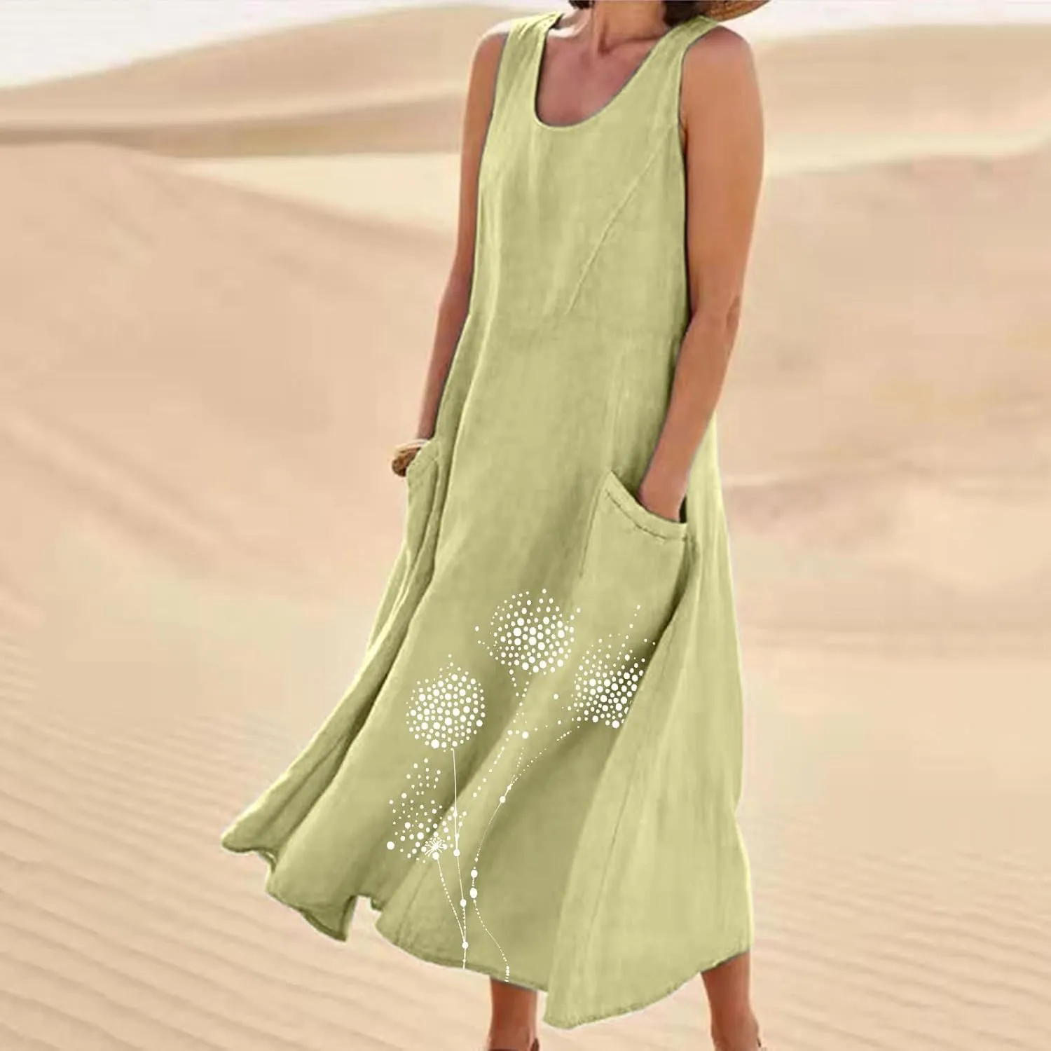 Cotton Linen Dress for Women 2025 Plus Size Sleeveless Summer Maxi Dresses Casual Elegante Floral Sundress with Pockets