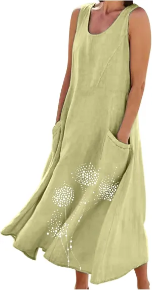 Cotton Linen Dress for Women 2025 Plus Size Sleeveless Summer Maxi Dresses Casual Elegante Floral Sundress with Pockets