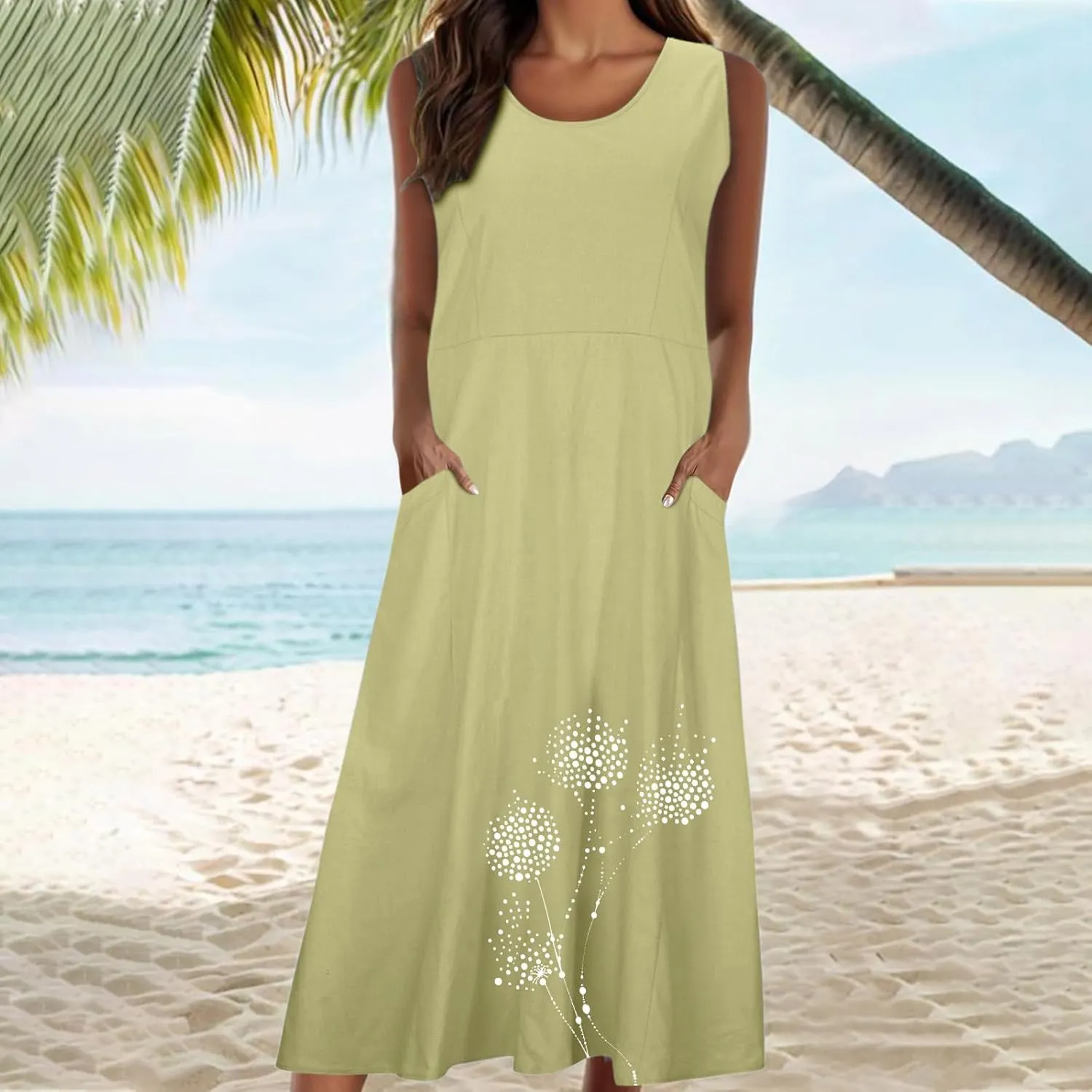 Cotton Linen Dress for Women 2025 Plus Size Sleeveless Summer Maxi Dresses Casual Elegante Floral Sundress with Pockets