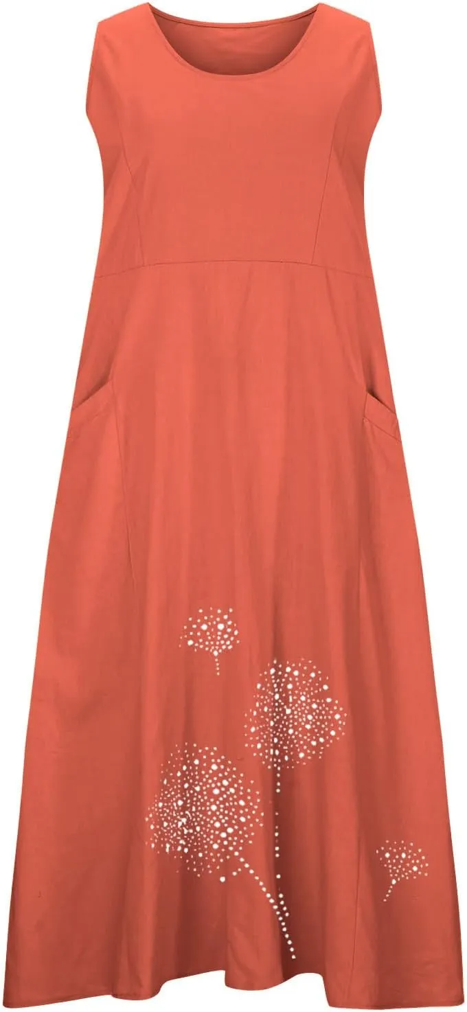 Cotton Linen Dresses for Women 2025 Plus Size Sleeveless Summer Maxi Dress Crewneck Floral Beach Sundress with Pockets