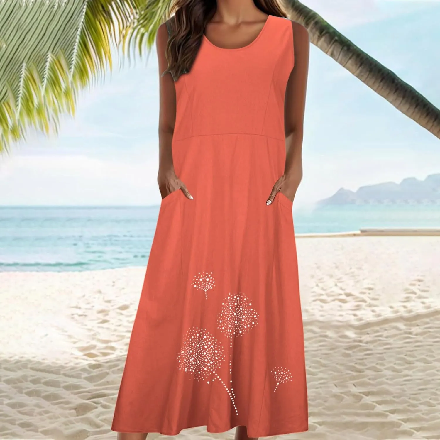 Cotton Linen Dresses for Women 2025 Plus Size Sleeveless Summer Maxi Dress Crewneck Floral Beach Sundress with Pockets