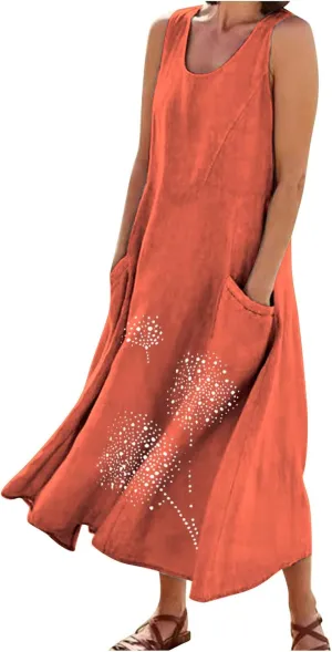 Cotton Linen Dresses for Women 2025 Plus Size Sleeveless Summer Maxi Dress Crewneck Floral Beach Sundress with Pockets