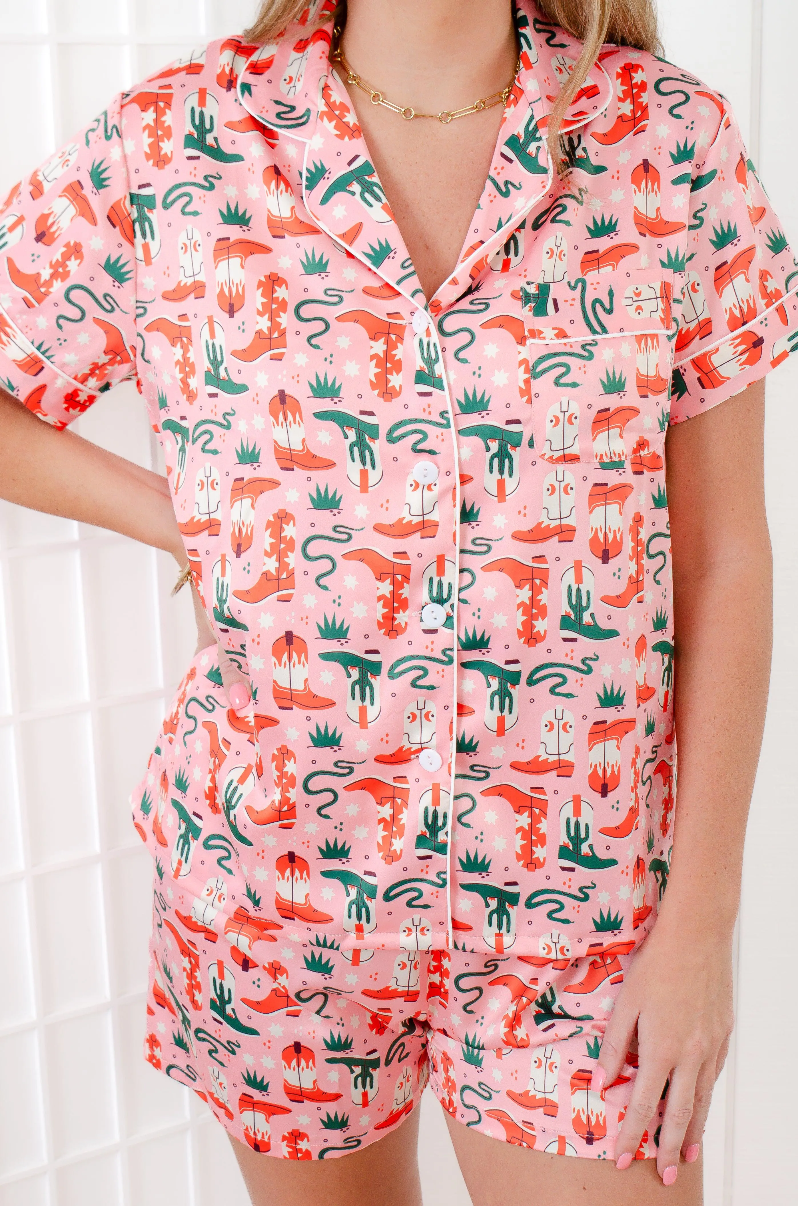 Cowboy Boot Print Satin Pajamas