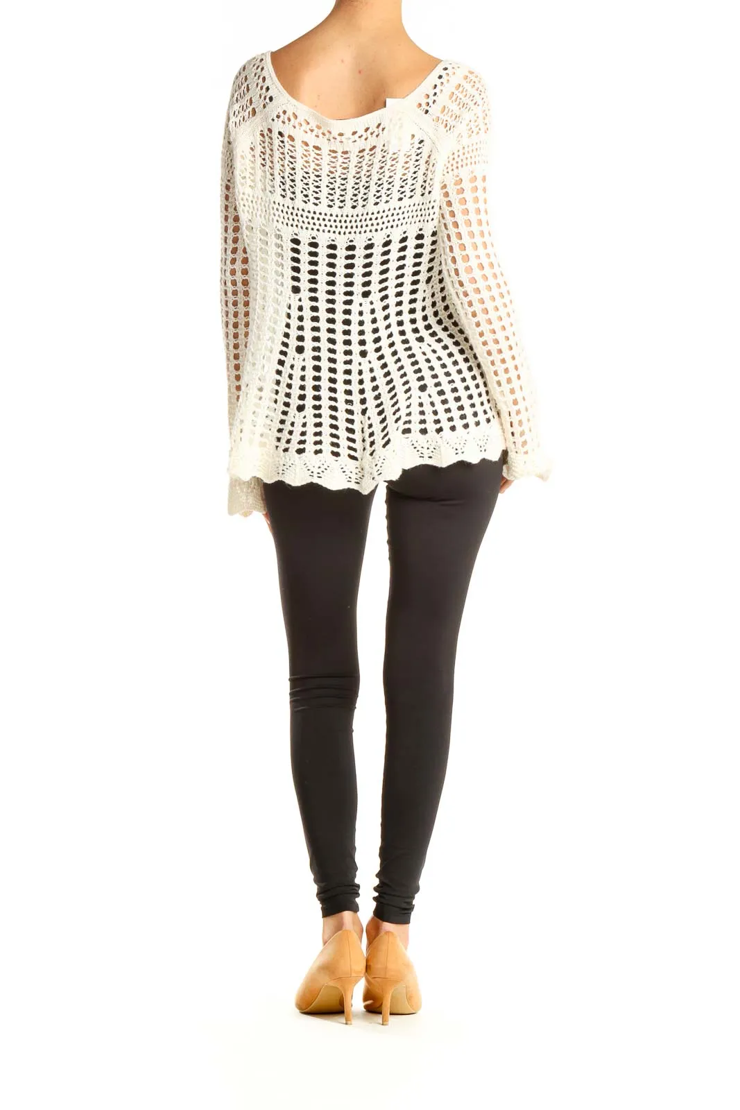 Cream Crochet Bell Sleeve Sweater