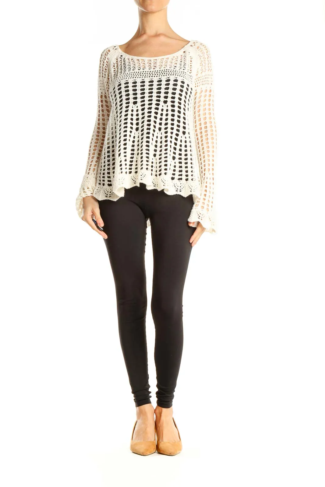 Cream Crochet Bell Sleeve Sweater