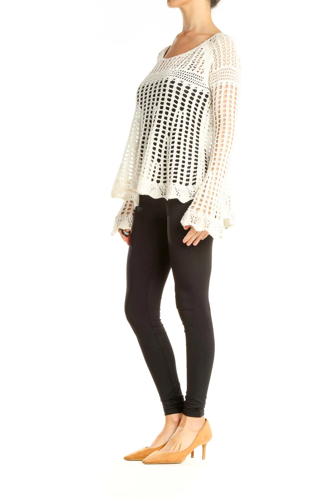 Cream Crochet Bell Sleeve Sweater