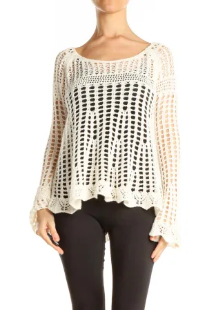 Cream Crochet Bell Sleeve Sweater