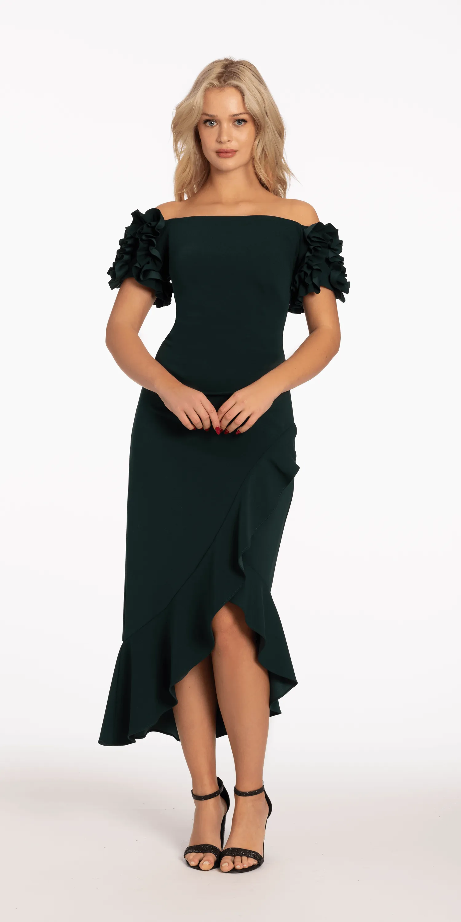 Crepe Puff Sleeve Off the Shoulder Dress with Ruching