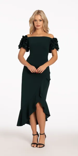 Crepe Puff Sleeve Off the Shoulder Dress with Ruching