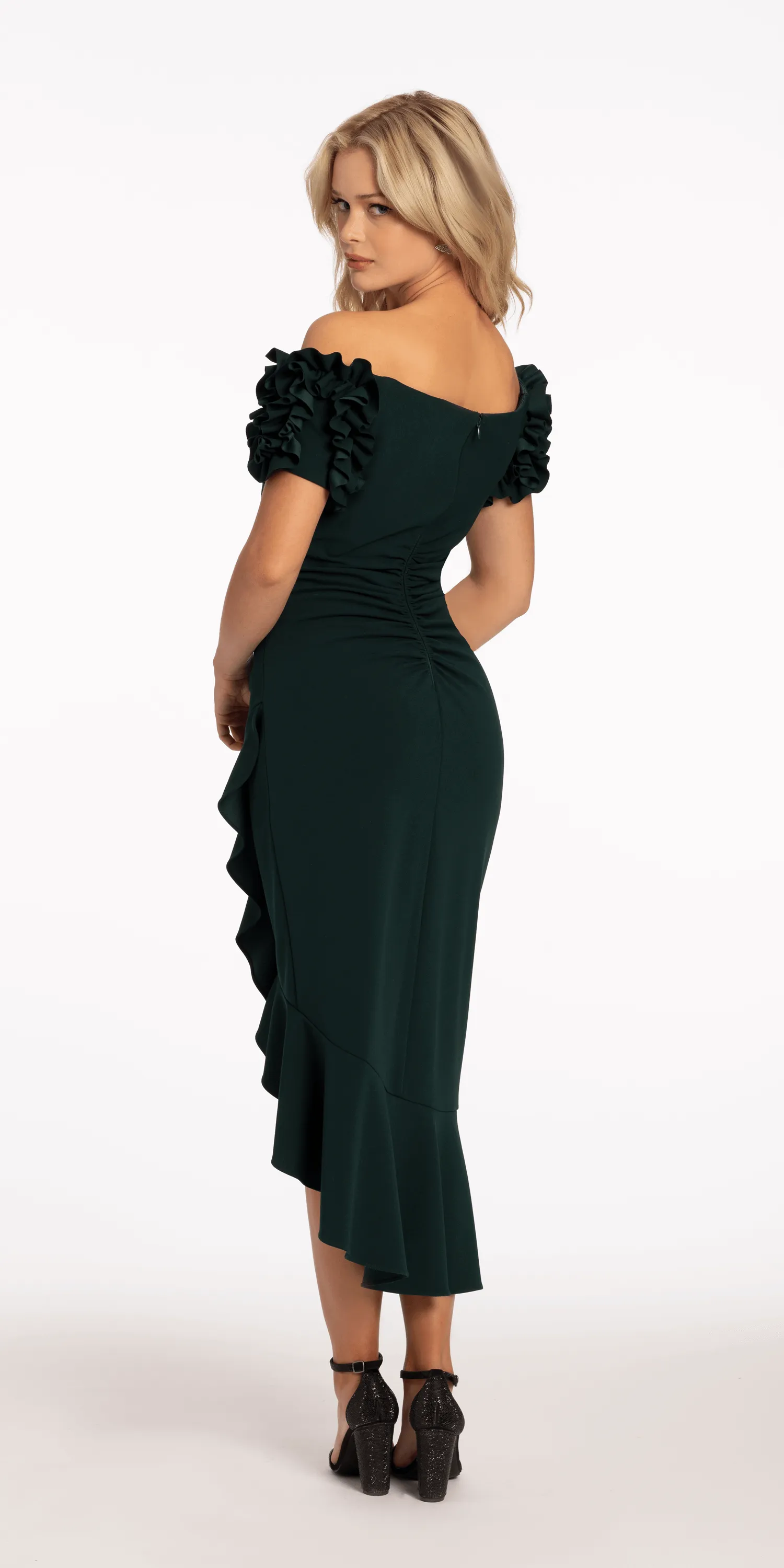 Crepe Puff Sleeve Off the Shoulder Dress with Ruching