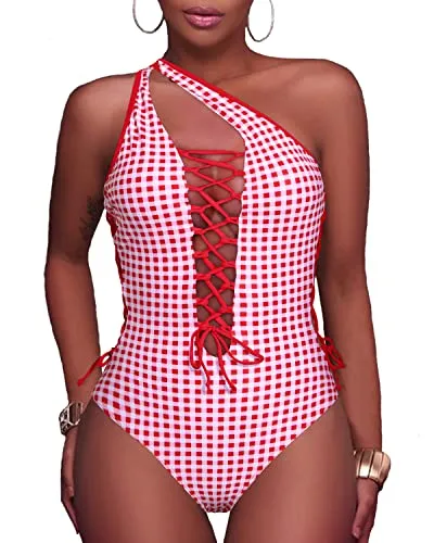 Cross Back Lace Up Monokini Strappy Cutout Swimwear-Red Plaid