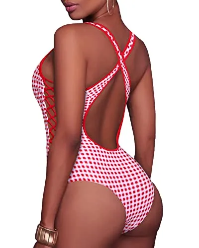 Cross Back Lace Up Monokini Strappy Cutout Swimwear-Red Plaid