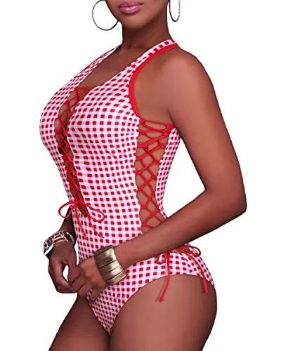 Cross Back Lace Up Monokini Strappy Cutout Swimwear-Red Plaid