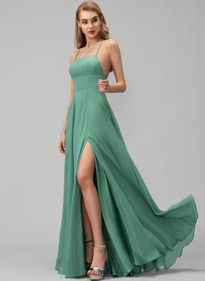 Crystal Dresses A-line Square Neck Formal Dresses Chiffon