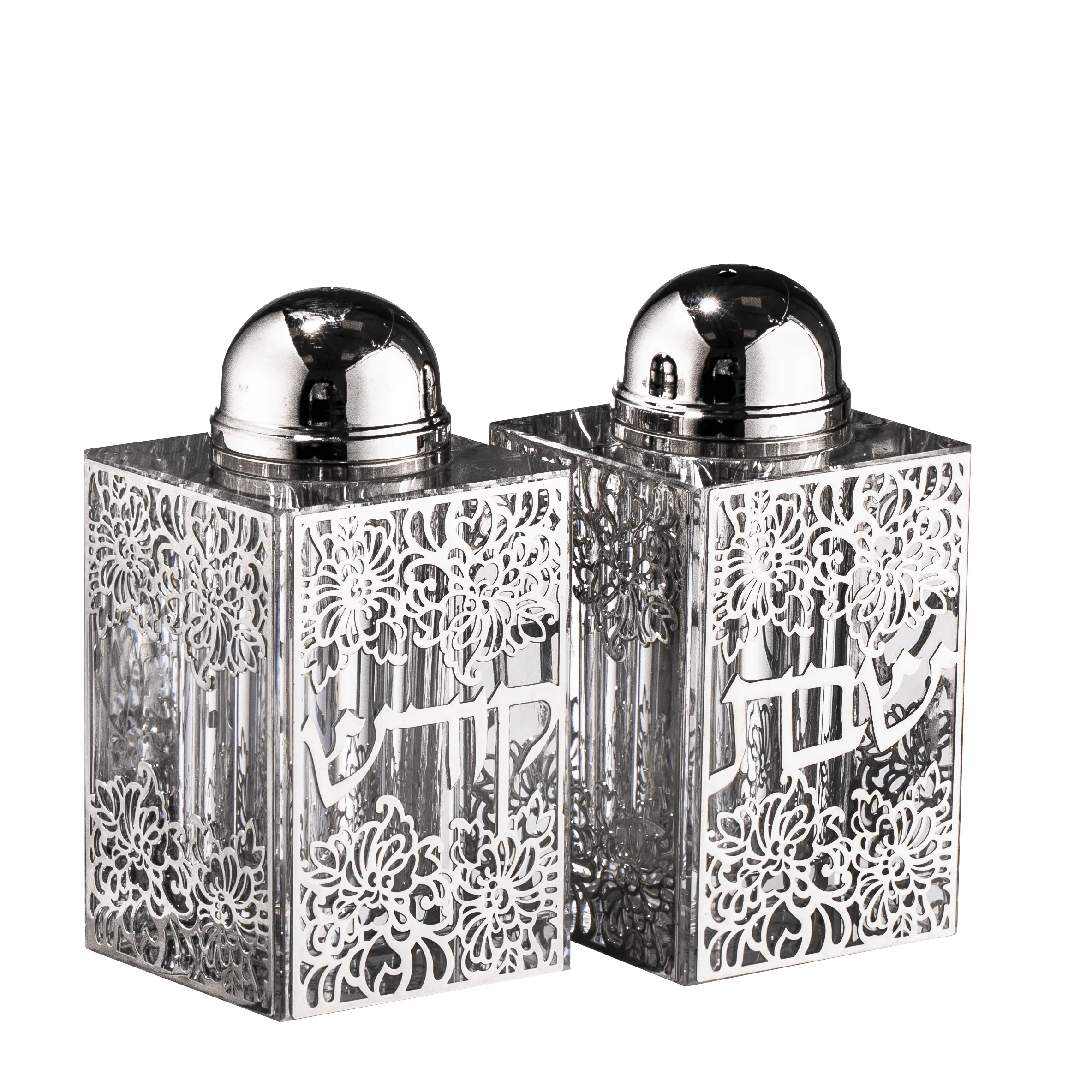 Crystal Salt & Pepper Set Silver Floral 3"HX1.5"