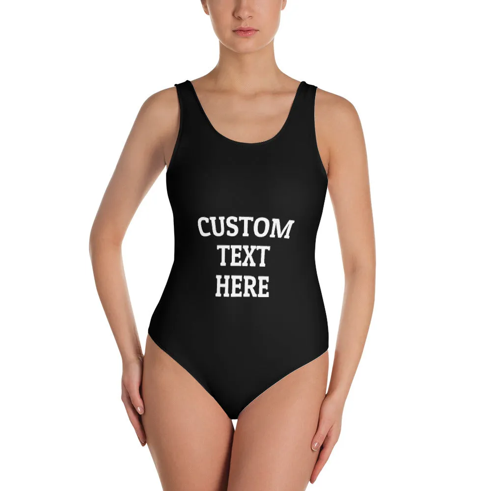 Custom Text Bathing Suit Women, Swimsuit Personalized One Piece Birthday Bride Squad Black White Swimwear Customized Swim Bachelorette Party
