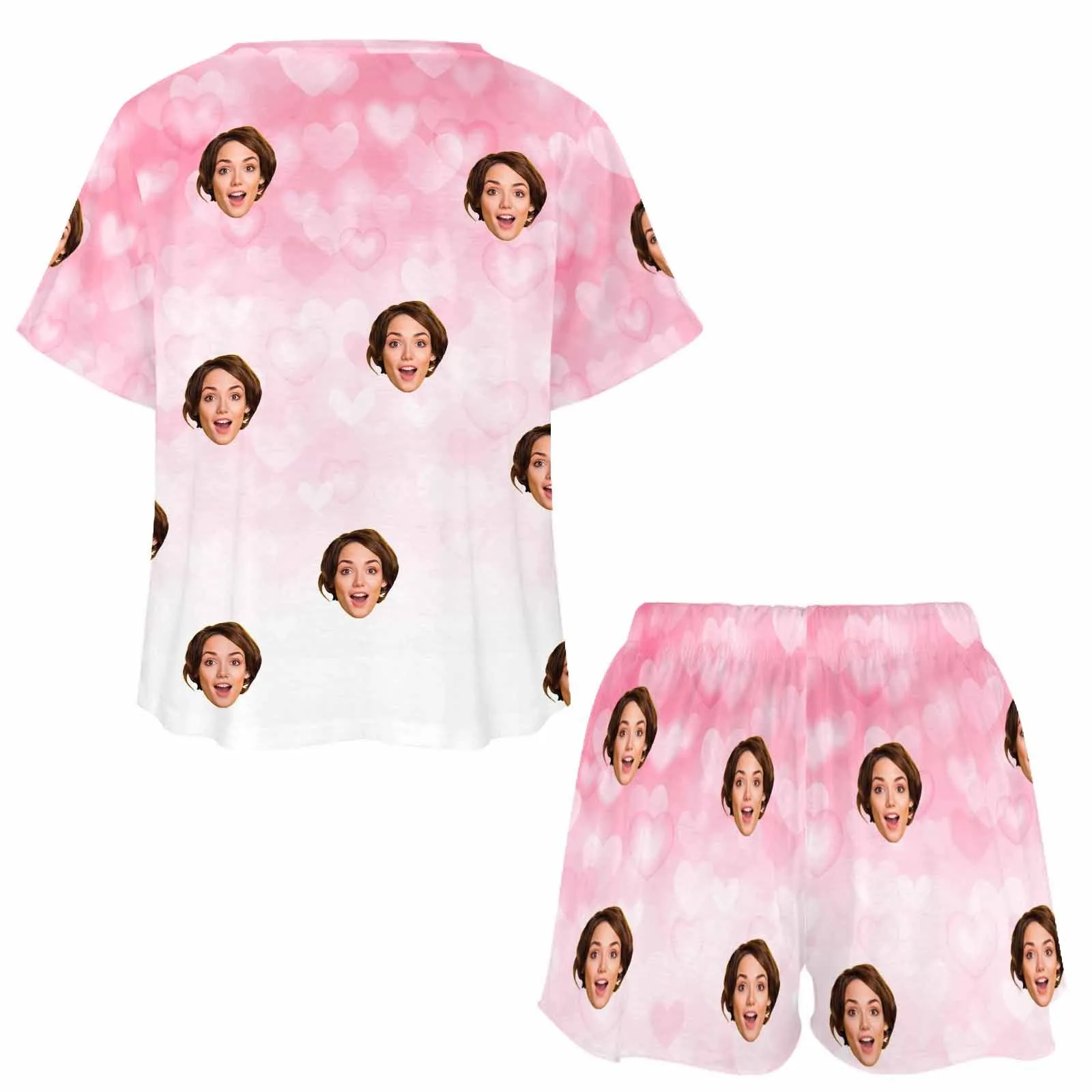Custom Womens round neck Pajama Set With Face Personalized Photo Short Nightwear for GF Wife Mom Valentine Gift