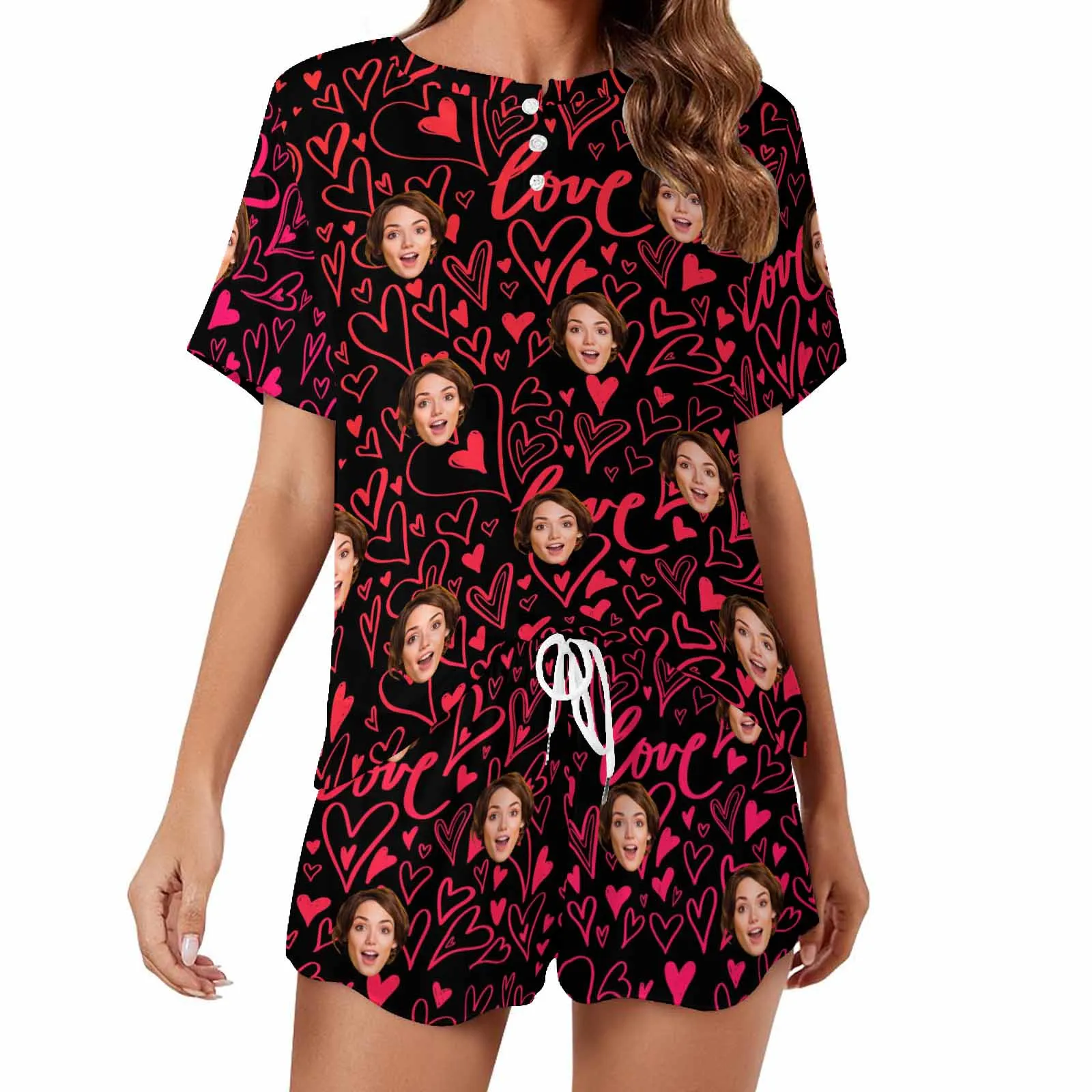 Custom Womens round neck Pajama Set With Face Personalized Photo Short Nightwear for GF Wife Mom Valentine Gift