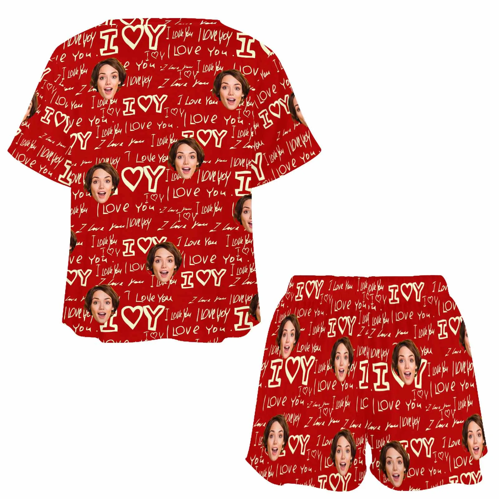 Custom Womens round neck Pajama Set With Face Personalized Photo Short Nightwear for GF Wife Mom Valentine Gift