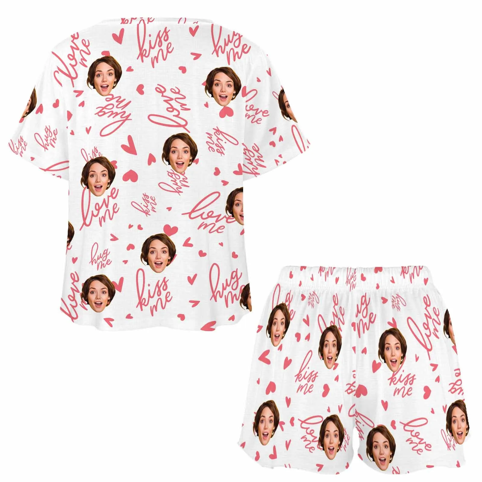 Custom Womens round neck Pajama Set With Face Personalized Photo Short Nightwear for GF Wife Mom Valentine Gift