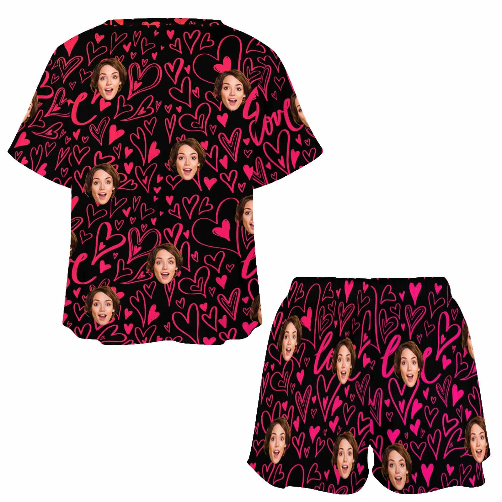 Custom Womens round neck Pajama Set With Face Personalized Photo Short Nightwear for GF Wife Mom Valentine Gift