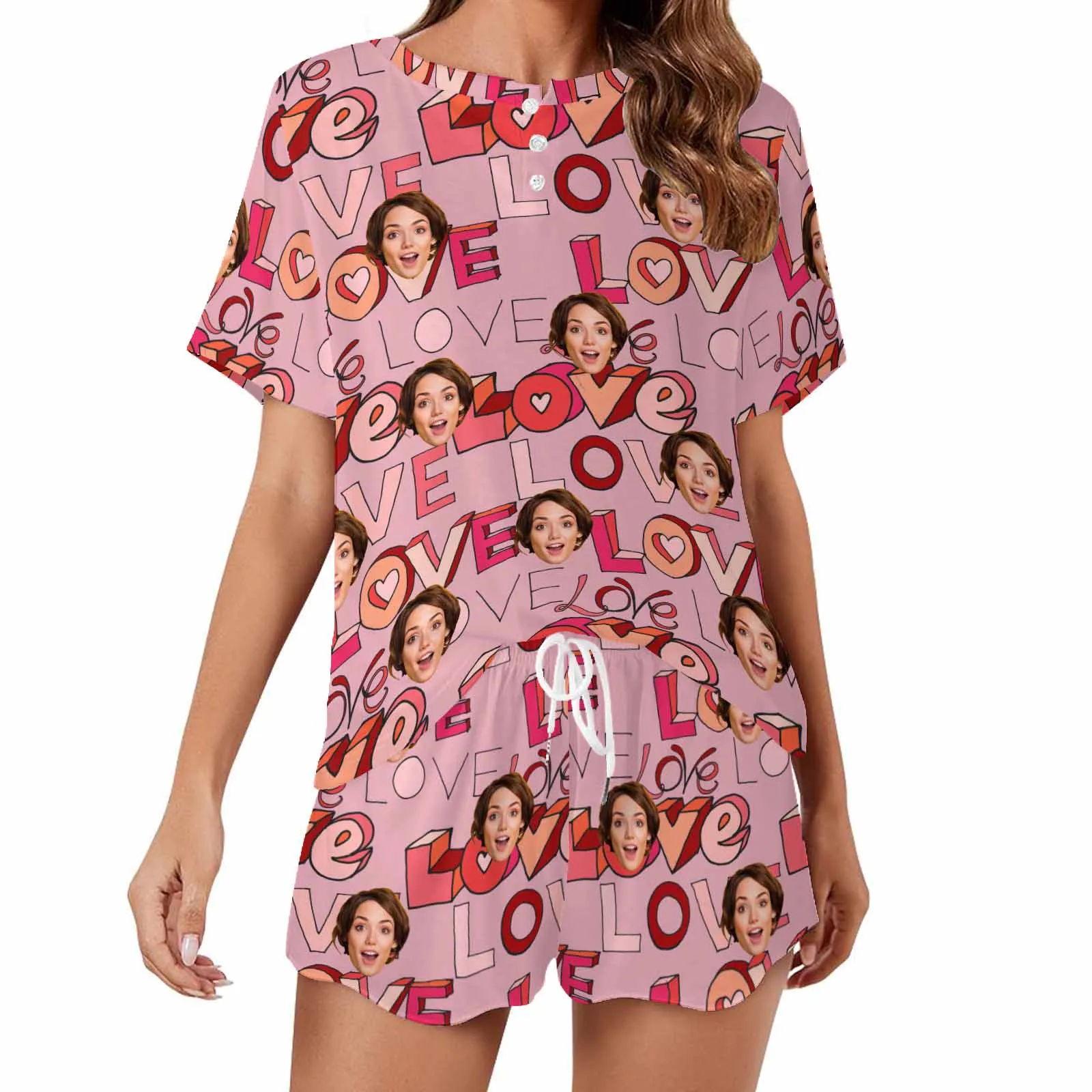 Custom Womens round neck Pajama Set With Face Personalized Photo Short Nightwear for GF Wife Mom Valentine Gift