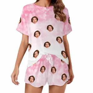 Custom Womens round neck Pajama Set With Face Personalized Photo Short Nightwear for GF Wife Mom Valentine Gift