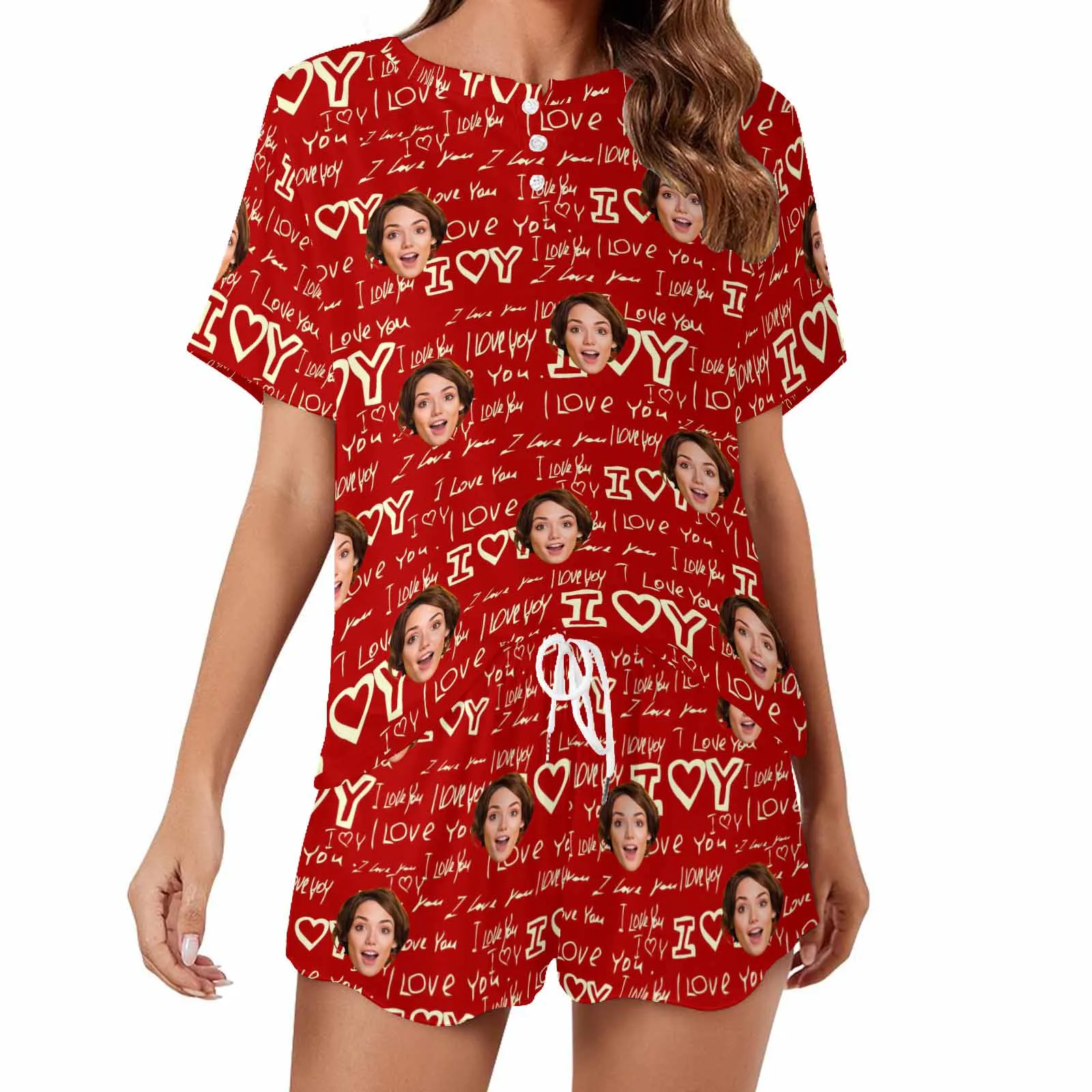 Custom Womens round neck Pajama Set With Face Personalized Photo Short Nightwear for GF Wife Mom Valentine Gift