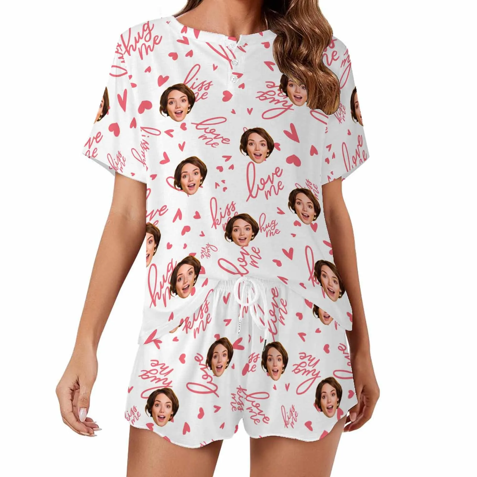 Custom Womens round neck Pajama Set With Face Personalized Photo Short Nightwear for GF Wife Mom Valentine Gift