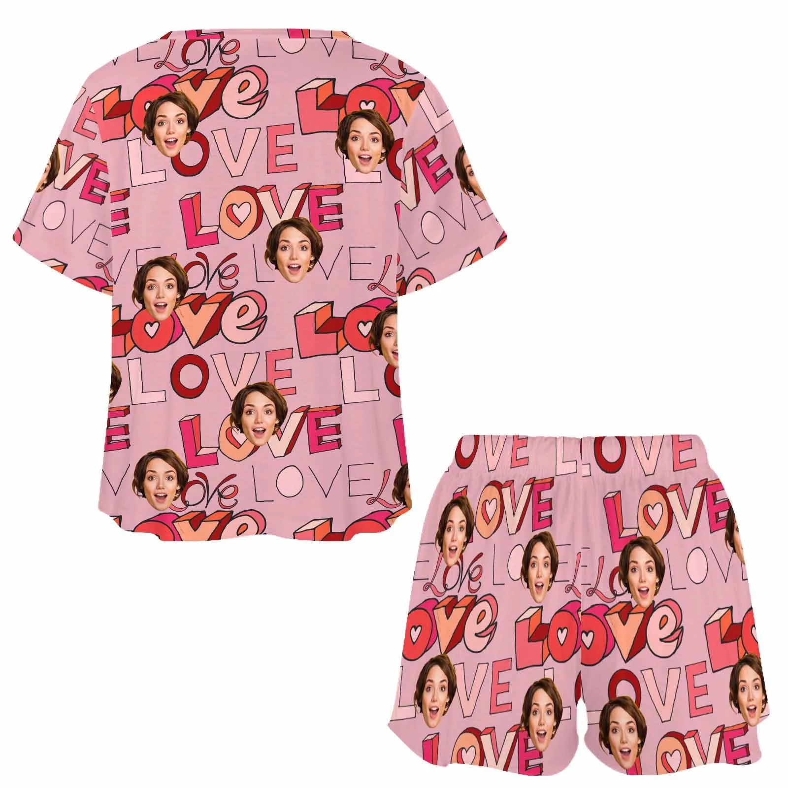 Custom Womens round neck Pajama Set With Face Personalized Photo Short Nightwear for GF Wife Mom Valentine Gift