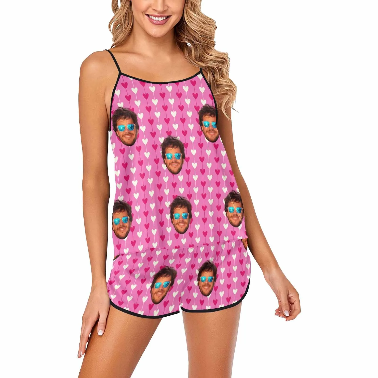 Custom Women's Spaghetti Strap Cami Short Pajama Sets with face Best gifts for her wife mom 8 Designs